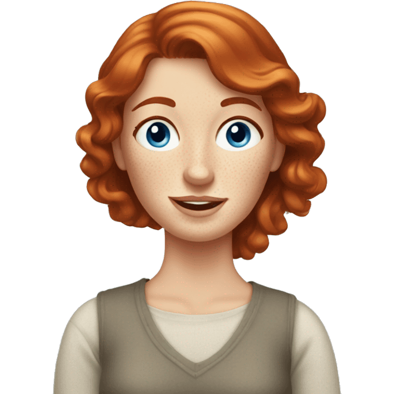 Redhead lady in 30s with freckles at home with blue eyes emoji