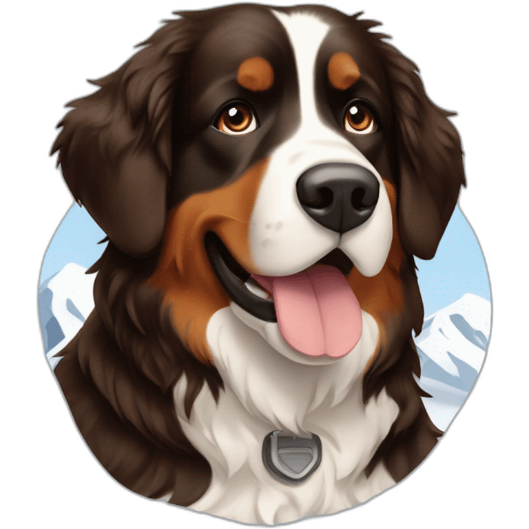 bernese mountain dog hiking with a woman with brown hairr a mountain in snow in Norway emoji