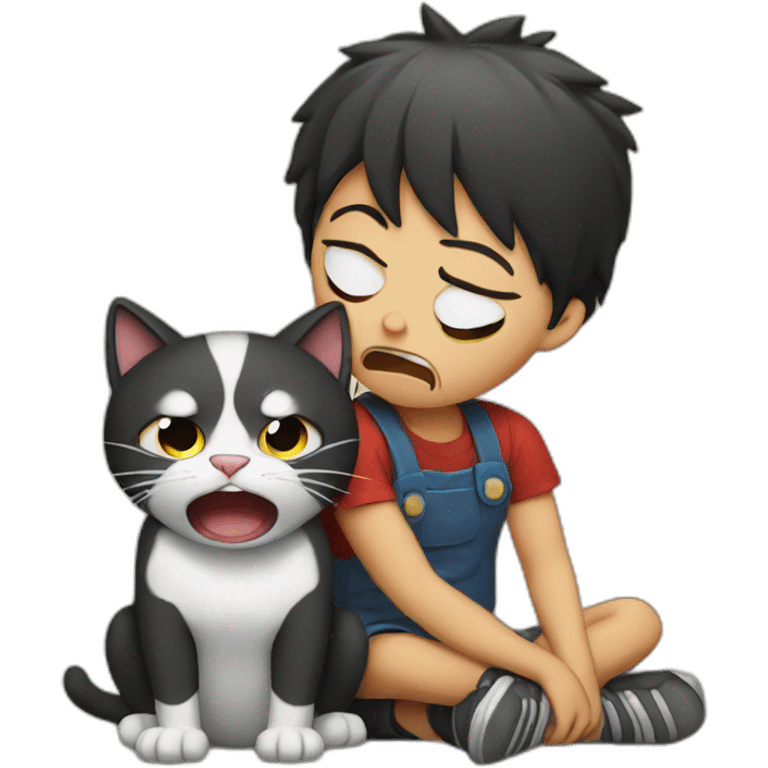 crying kid sitting on an angry cat emoji