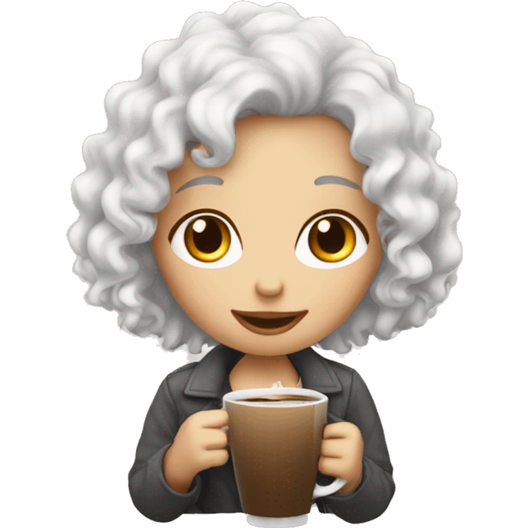 White curly hair girl drinking coffee emoji