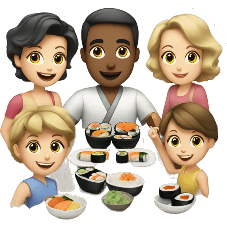 Caucasian family of 7 members eating sushi at kitchen table emoji