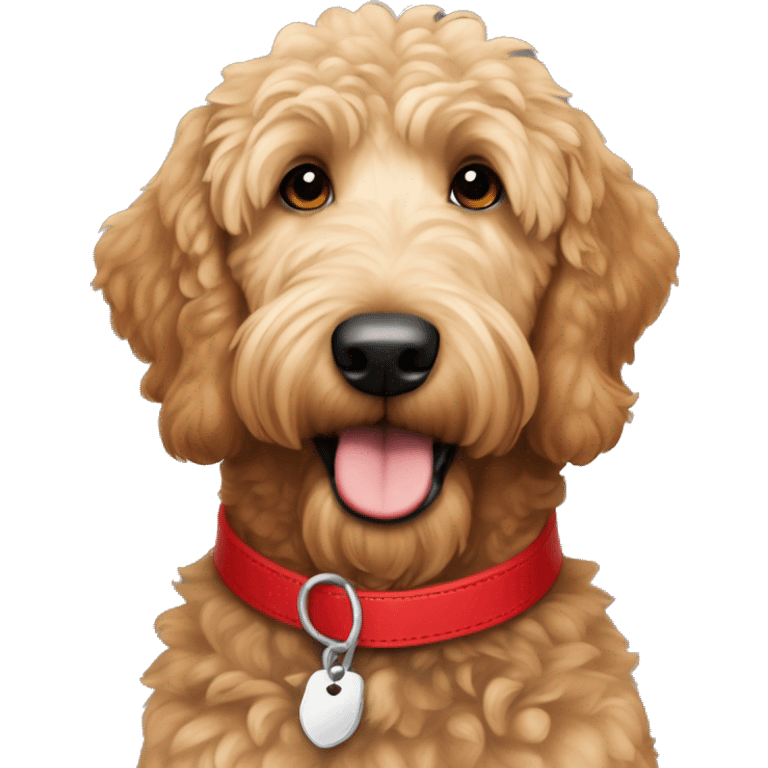 light brown golden doodle wearing a red collar with silver tag emoji