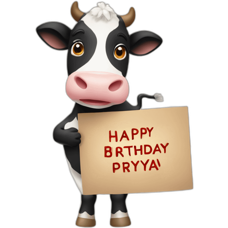 cow holding a sign that has “Happy Birthday Priya” emoji