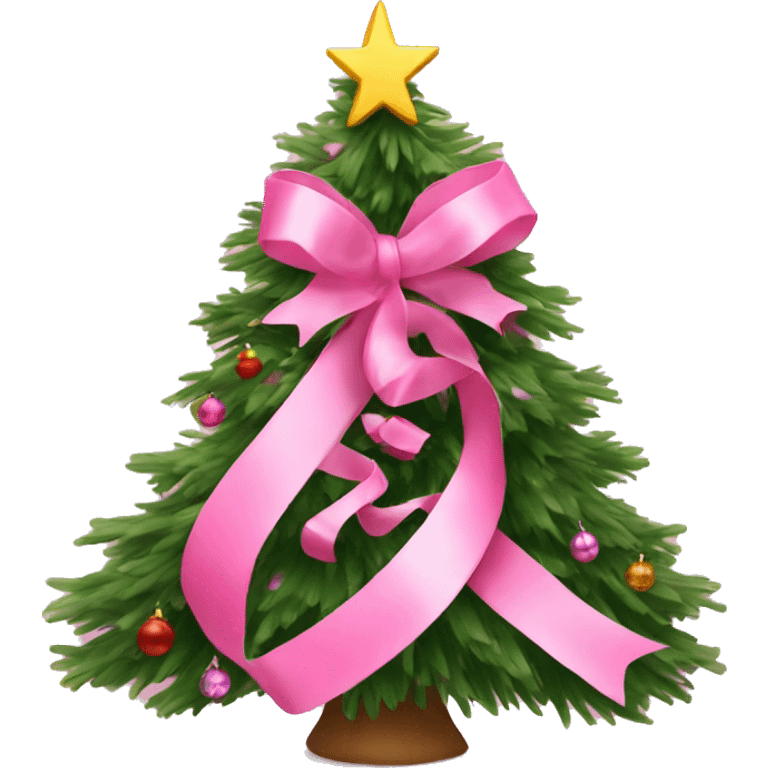 pink ribbon on top pf a decorated Christmas tree emoji