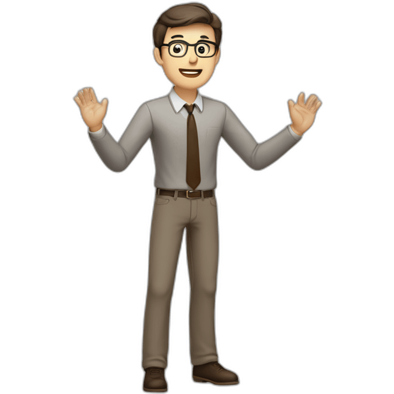 To belt Actively gesturing with hands Pale skinned fit man teacher with dark brown hair in gray jacket, beige office shirt, brown tie, brown pants and vintage glasses. emoji