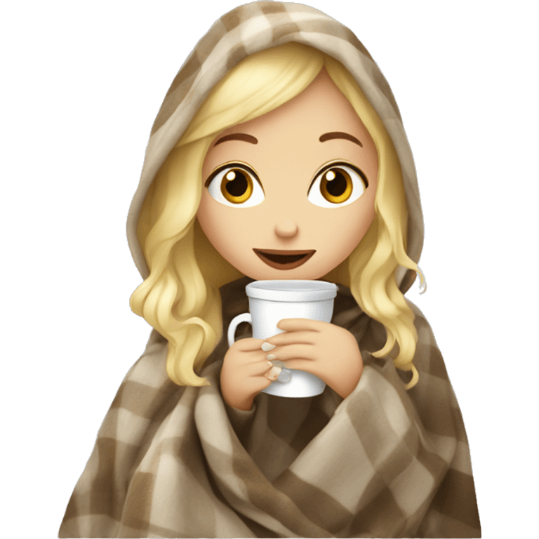 Blonde girl in blanket drinking coffee  emoji