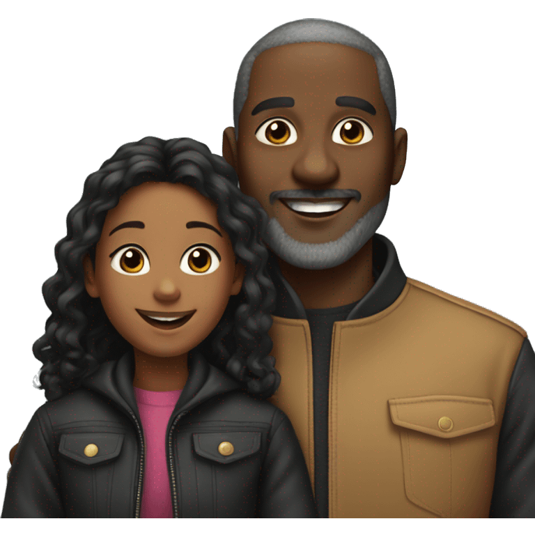 happy black dad and black daughter in stylish jackets emoji