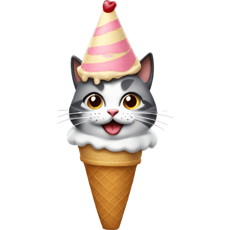 Cat wearing a birthday hat and licking an ice cream cone emoji