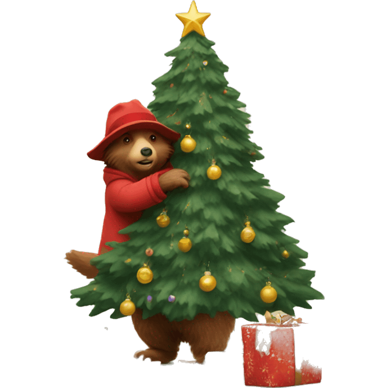 Paddington decorating a Christmas tree emoji