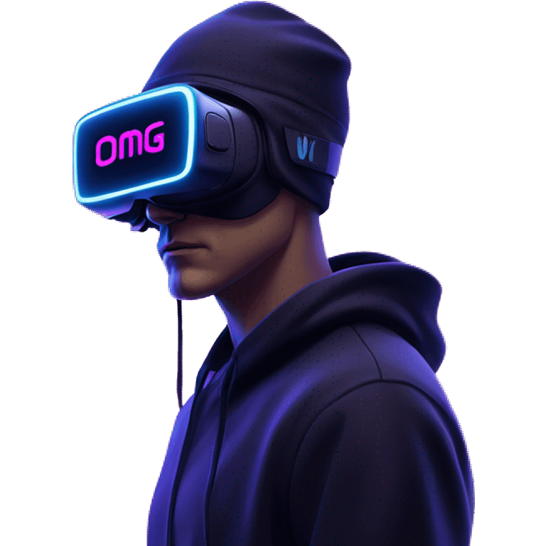 Russian man wearing a black hoodie with "OMG" letters on it and VR headset in a cyberpunk VR environment with violet neon lighting. emoji