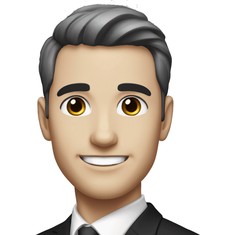 Portrait of an adult smiling man, pale light skin, short bold black-gray ombre hair, black eyes, wearing a black office suit and a white collared shirt underneath. emoji