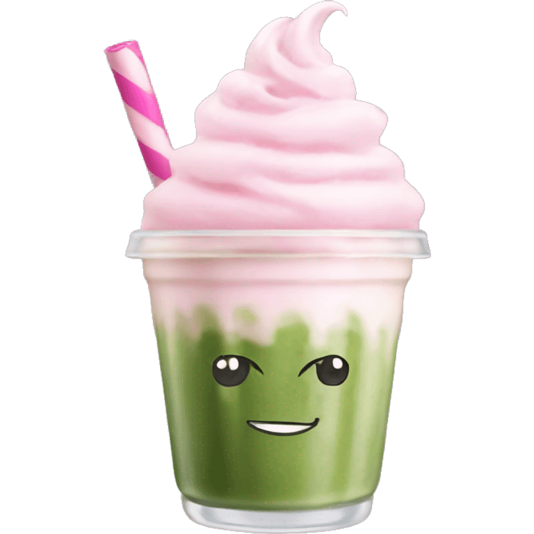 iced matcha latte with pink whipped cream  emoji