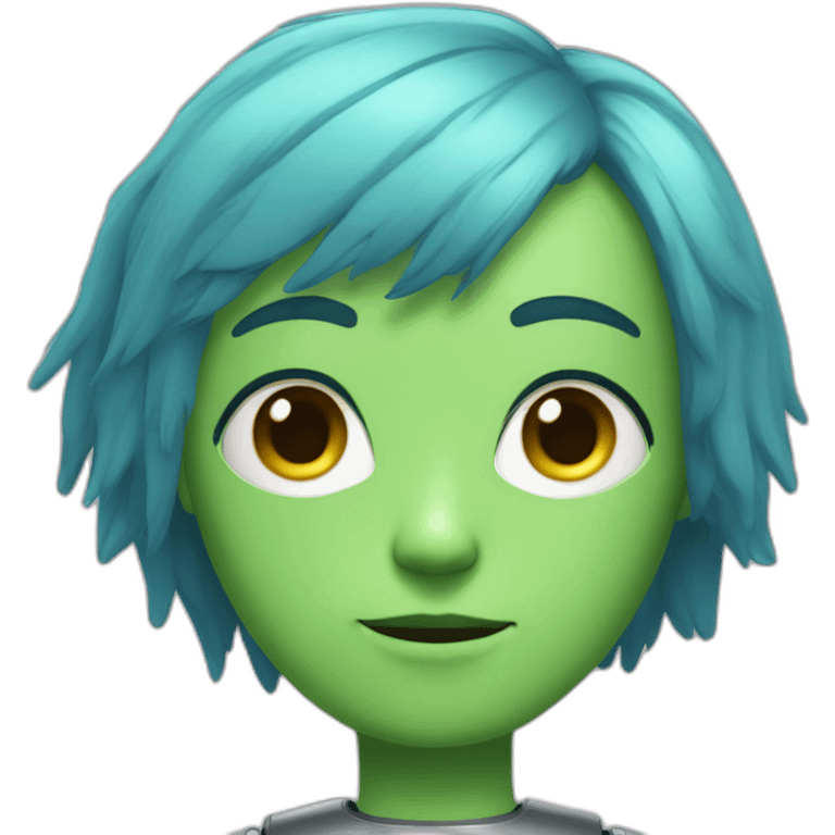 robot with a human head, thin face, clear cheekbones, green slightly narrow eyes, blue fluffy shoulder-length hair emoji