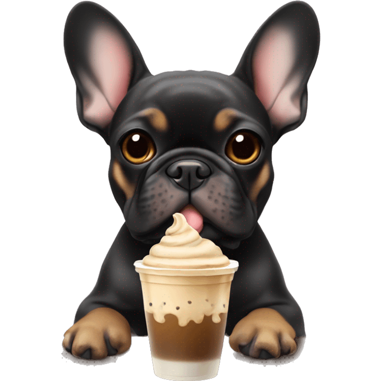 Black and tan frenchie with iced coffee   emoji