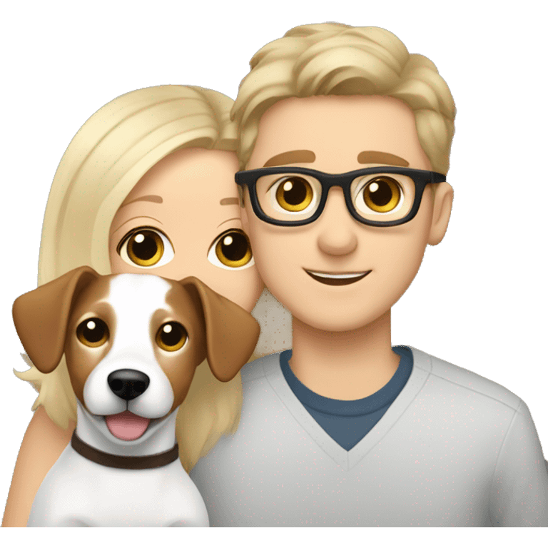 Blonde girl and her white boyfriend with brown hair and glasses cuddling a jack Russell  emoji