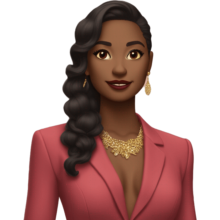 Sure! Here’s a super short version:

	•	Outfit: Deep red suit, gold jewelry, pink clutch.
	•	Hair: Black, half-up with a red ribbon.
	•	Skin: Warm tan, glowing.
	•	Makeup: Winged eyeliner, nude lips, soft blush.

Let me know if this works! emoji