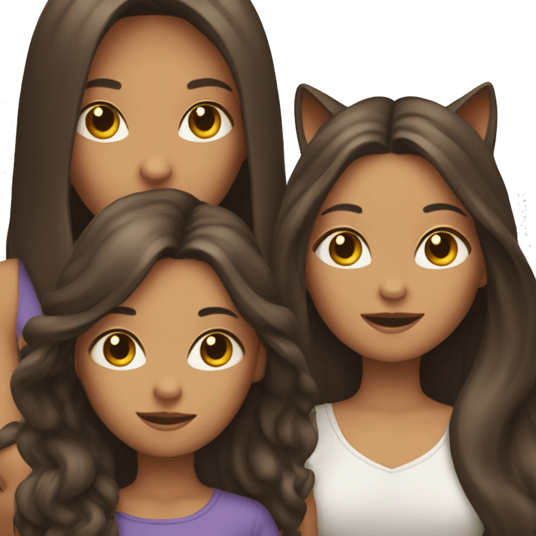 Two long hair brunette girls and two cats in their hands emoji