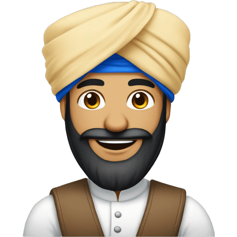 Cheerful Sikh man emoji with a blue turban is plane , friendly smile, kind eyes, black beard, minimalistic cartoon style, plain background. emoji