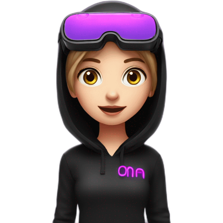 Russian girl wearing black hoody with violet letters "OMG", in vr headset. Violet neon. emoji