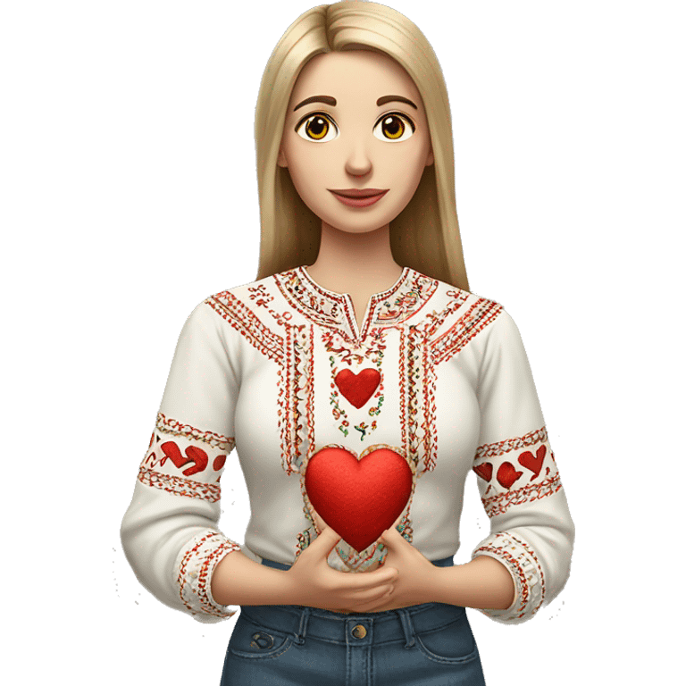 A Ukrainian woman in an embroidered shirt holds a heart in her hands emoji