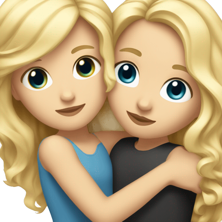 A white girl with blue eyes and blonde hair hugging a girl with tan skin and black wavy hair  emoji