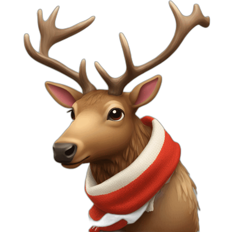 An elk wearing a scarf that is striped red and white emoji