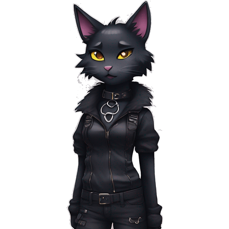 Gorgeous furry gothic dark techwear anime style anthro black cat furry sona Fakemon with blushing face aesthetic and pretty edgy black with collar and harness trending style emoji