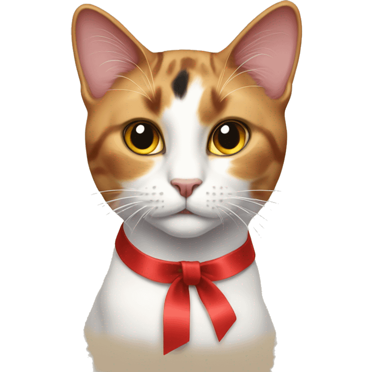 Calico cat wearing a red ribbon around its neck  emoji