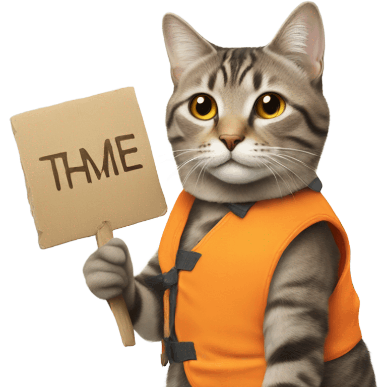 cat with a sign and an orange vest emoji