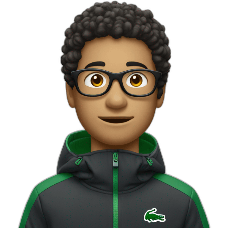 Un garçon blanc qui porte das lunettes de ski, il a les cheveux noirs et un survetement de lacoste emoji