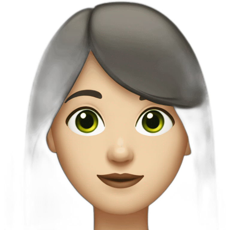 40 year old white woman with green eyes long dark hair and a fringe and oval shape face emoji