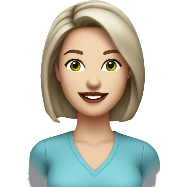 A headshot of a cheerful woman in her 30s with light white skin, shoulder-length dark brown hair, and a round face with prominent cheekbones. She has dark green eyes, full lips with red lipstick, and a warm, friendly smile. She's wearing a blue shirt. emoji