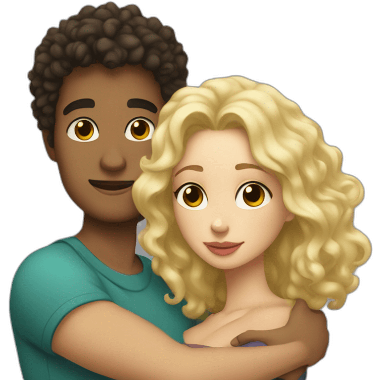 Light skin man with dark curly hair hugging a blonde curvy woman emoji