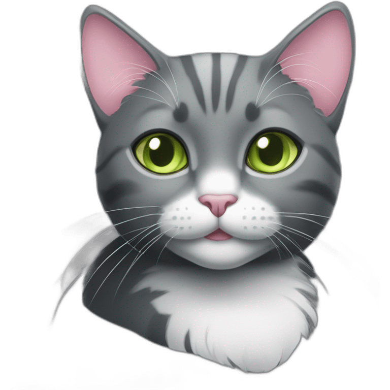 dark grey cat, small ears, pink nose, light green eyes, white long whiskers, white spots near the nose, white breast, the cat's fur is soft. emoji