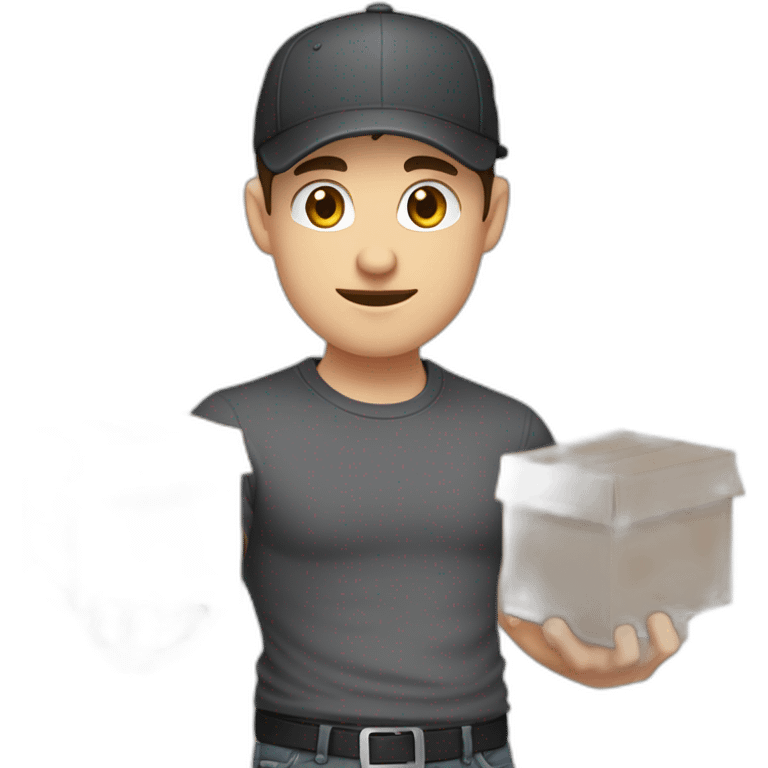 Pale skinned fit Man with dark brown hair in a black cap, gray jeans and dark gray polo T-shirt keeping a pasted with tape white box into his hands emoji