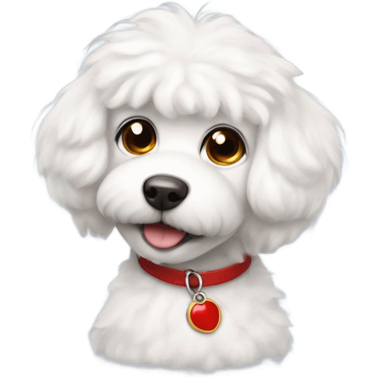 White fluffy dog with red collar and big eyes that look a little human emoji