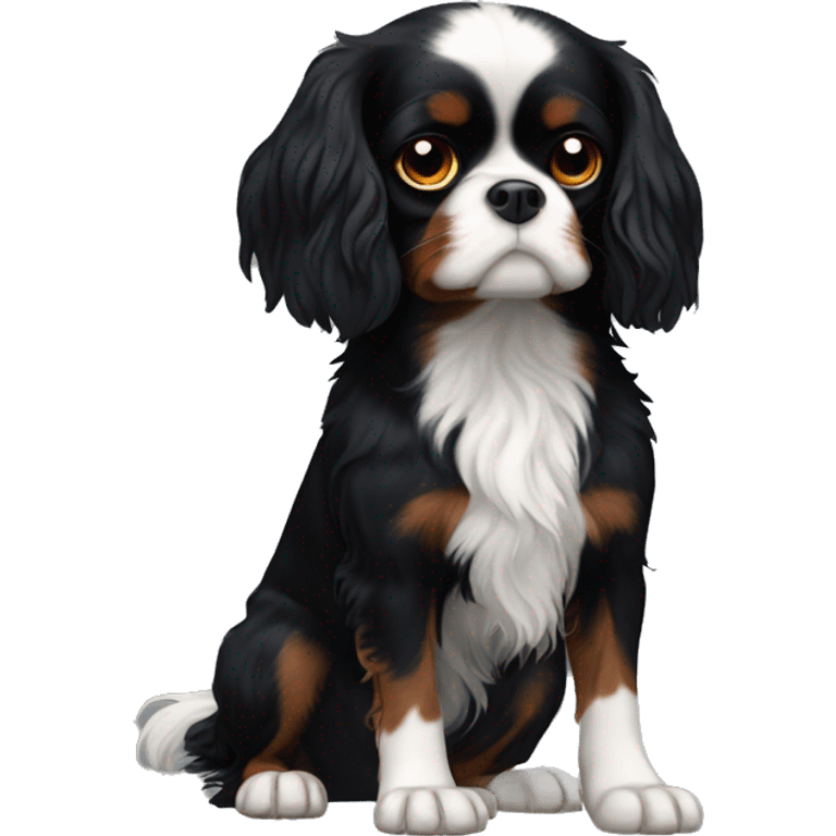 Small completely black Cavalier King Charles spaniel with black fur on his whole face and white fur on chest emoji