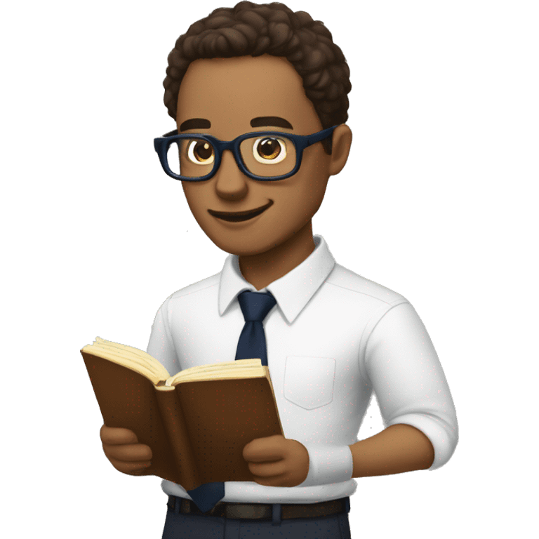 A man with specs white shirt and  navy blue tie reading a  book called New Human Revolution  emoji