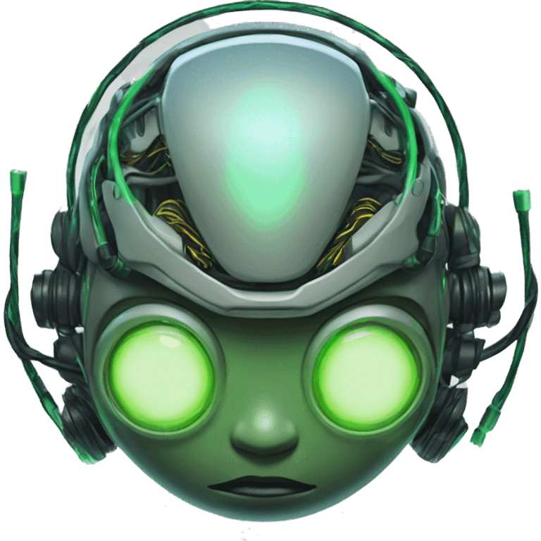 Round Alien cyborg head with glowing wires and green eyes  emoji