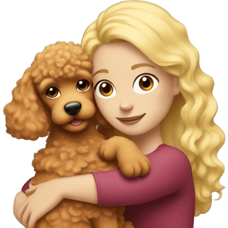 A girl with blonde hair hugs a red poodle emoji