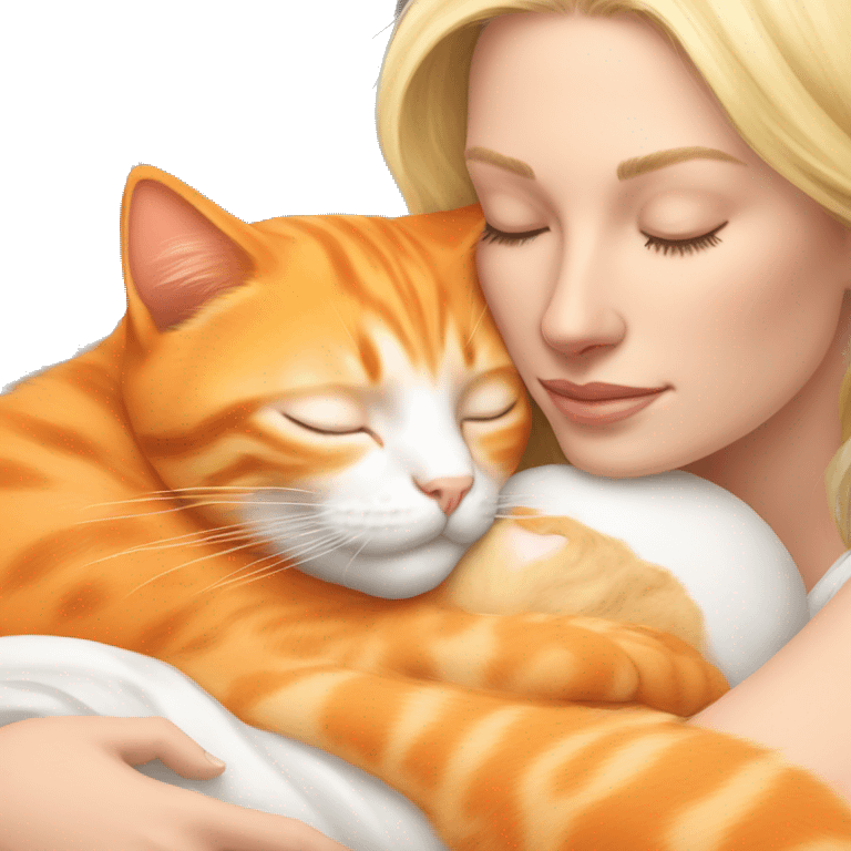 Orange kitty sleeping in the arms of blonde white woman emoji