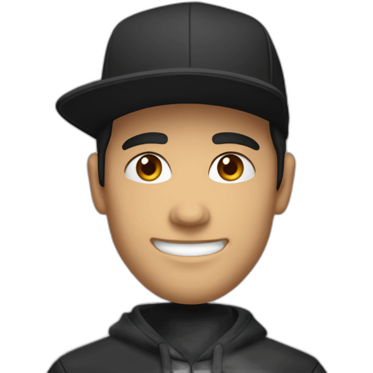 Strong smiling Male caucasian Designer With black hair wearing flat bill hat and black hoodie emoji