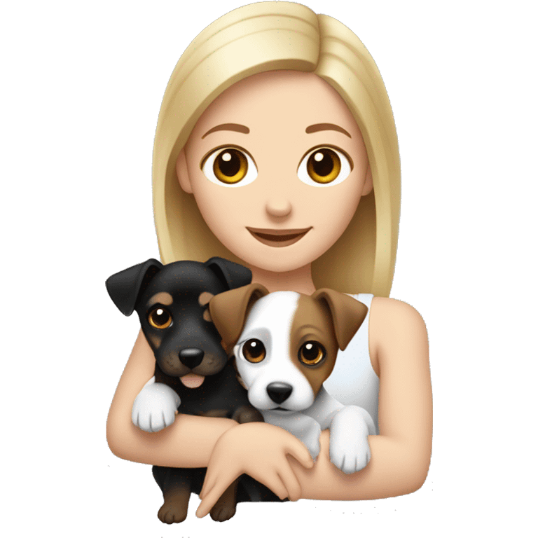 Blonde woman holding a black brown and white jack russell terrier puppy emoji