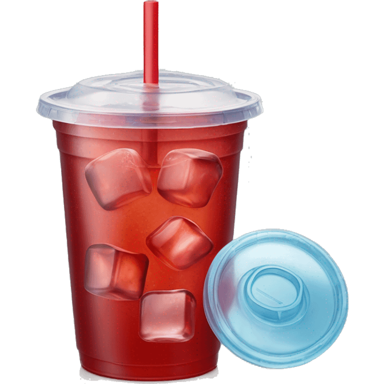 Realistic plastic cup and lid with Transluscent red soda and large ice cubes inside and one straw through the top of the lid. emoji