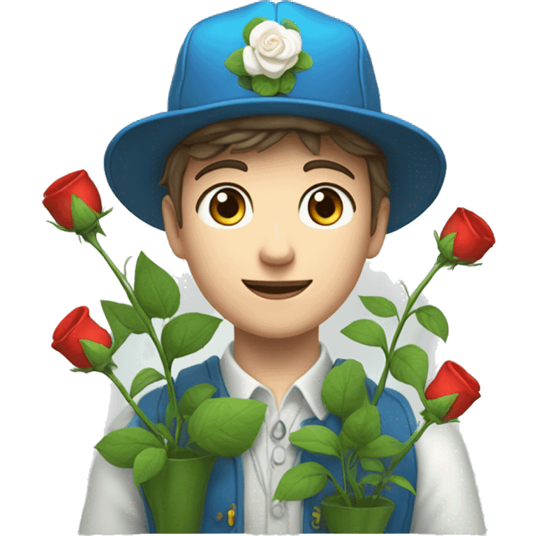 a botanist white young man with luigi "D" cap and blue clothes holds various flowers (white rose, red flowers) emoji