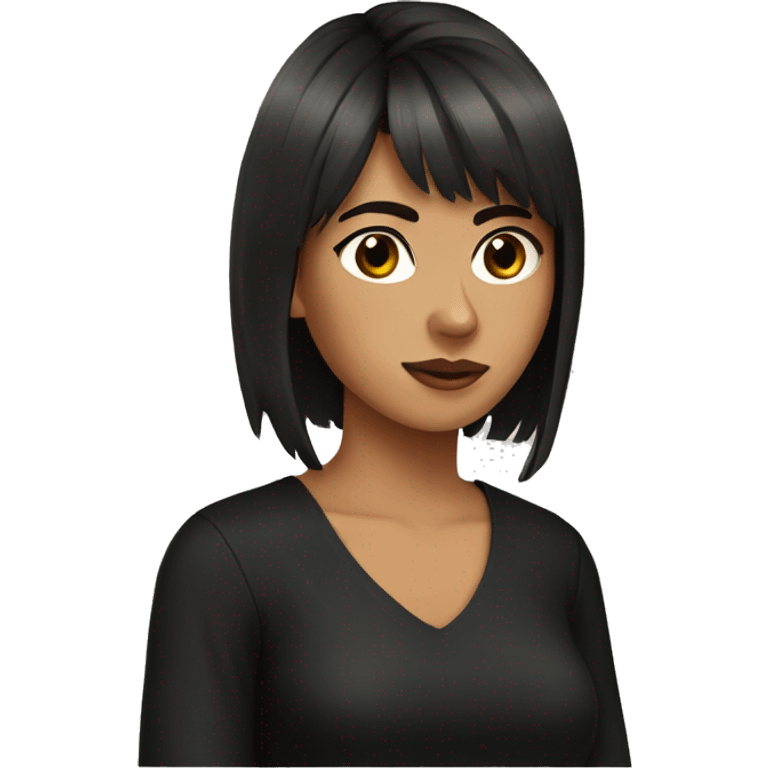 Mexican young woman, brown wolf haircut, hair bangs, black shirt emoji