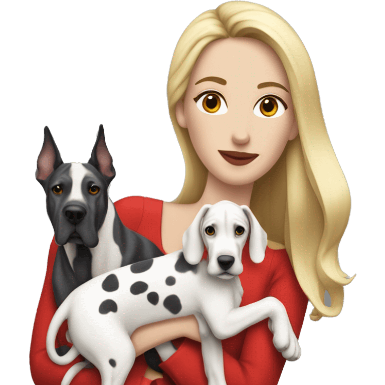 Harlequin Great Dane with woman in red clothes with long blonde hair emoji