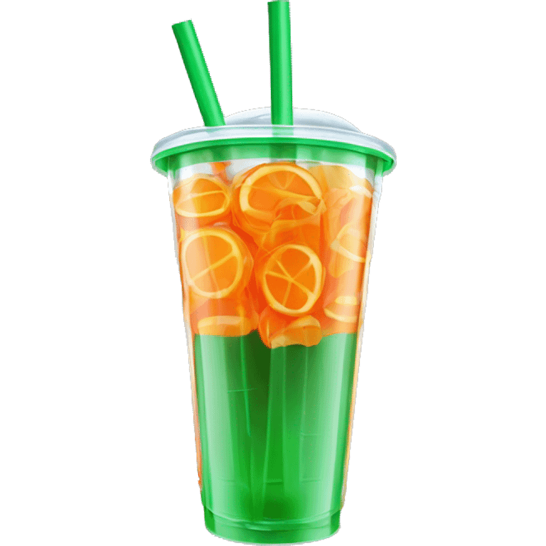 Realistic clear plastic cup half full of orange Transluscent soda with mini carrots floating inside the cup and green curly straw through the top. emoji