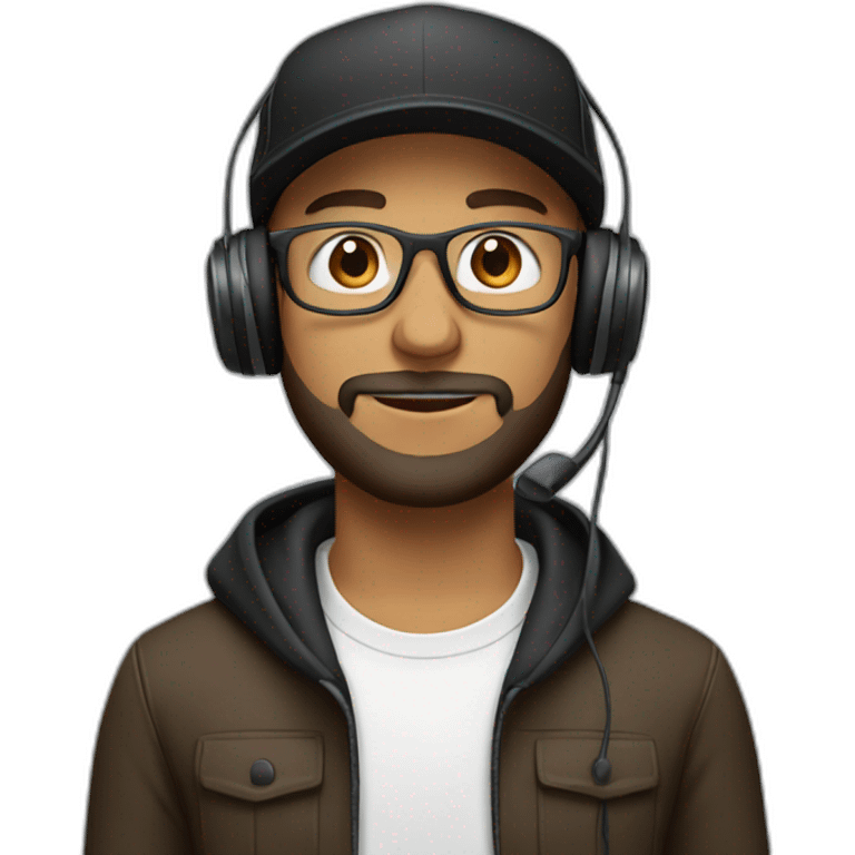 Male with headphones, clear glasses, black cap and brown beard emoji