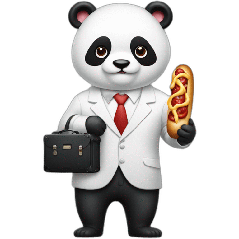 A professor with white suit and red tie and a panda face eating a hotdog and holding a black suitcase emoji